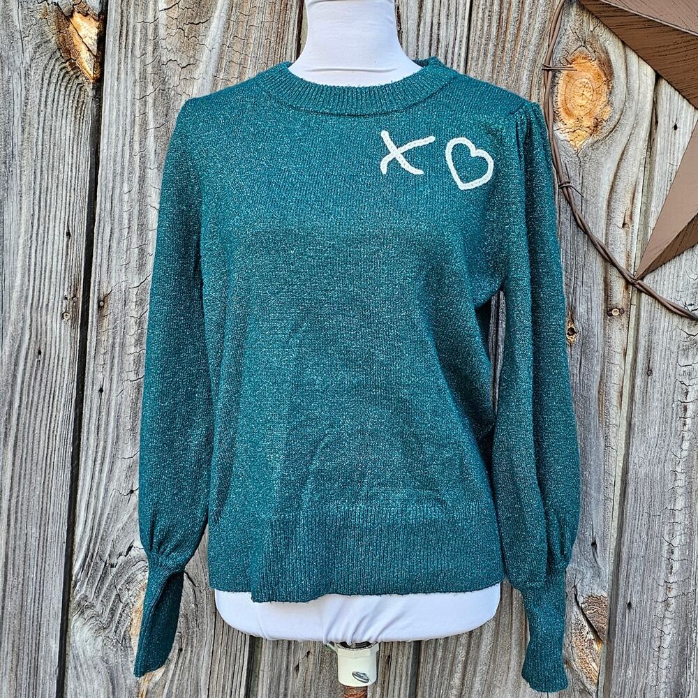 Green Metallic Sweater Sparkle Knit XO Heart LC Lauren Conrad Size M Medium NWT